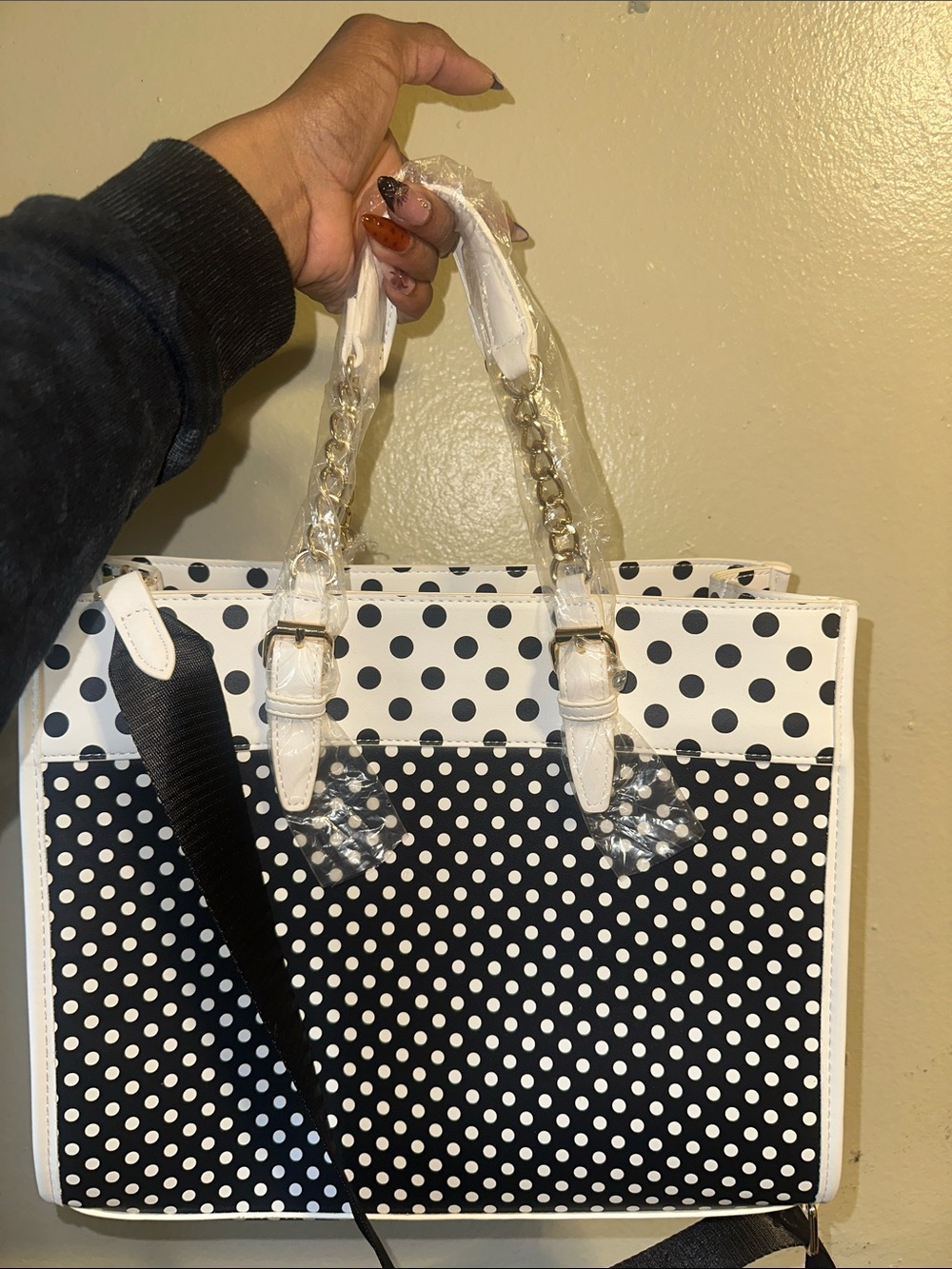 Betsy Johnson Polka Dot Black & White Satchel Tote with Gold Accents - Picture 4 of 5